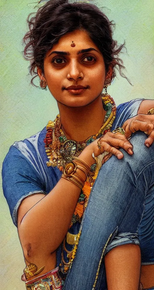 Image similar to close up a beautiful Indian doctor wearing jeans and a shirt in Texas in 2022, sun shining, photo realistic illustration by greg rutkowski, thomas kindkade, alphonse mucha, loish, norman rockwell.