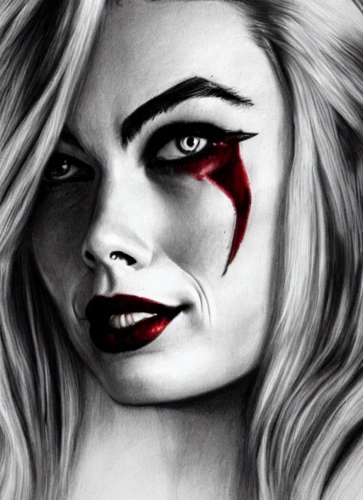 Image similar to a pencil drawing of margot robbie as harley quinn, hyper realistic, highly detailed