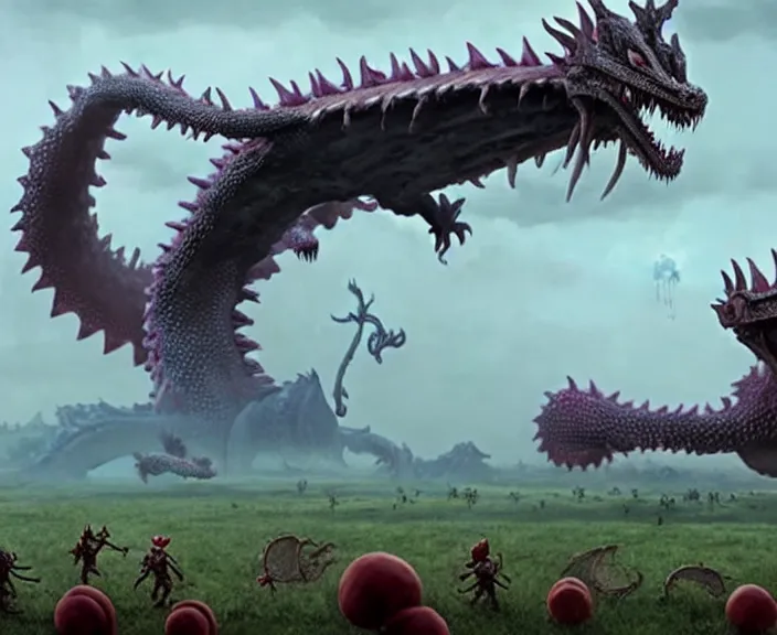 Image similar to still frame from jakub rozalski Cloudy with a Chance of Meatballs 2 (2013) of majestic dragon fruit sandworm dragon and his corn knights minions army in vast plains, Scyth game art by beksinski scenography by Giger by Jakub Różalski by Jakub rozalski