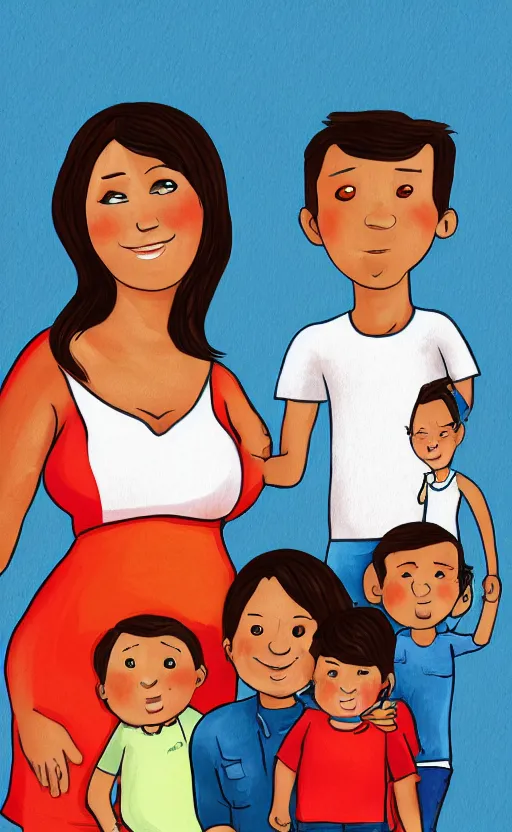 Prompt: a front view family portrait of a smiling hispanic pregnant lady illustration, trending on artstation