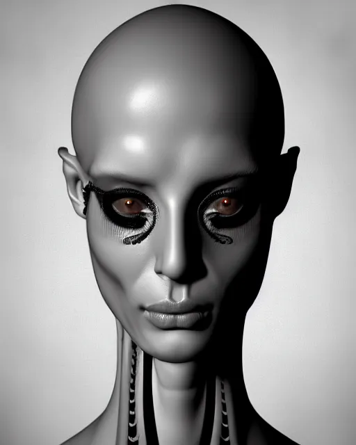 Prompt: a black and white 3D render of a young beautiful female queen-dragon-cyborg bust with a very long neck and a Mandelbrot fractal face, anatomical, flesh, facial muscles, veins, arteries, full frame, microscopic, elegant, highly detailed, flesh ornate, cable wires, elegant, high fashion, rim light, octane render, in the style of H.R. Giger, Realistic, Refined, Digital Art, Highly Detailed, Cinematic Lighting, rim light, black and white, photo-realistic, 8K
