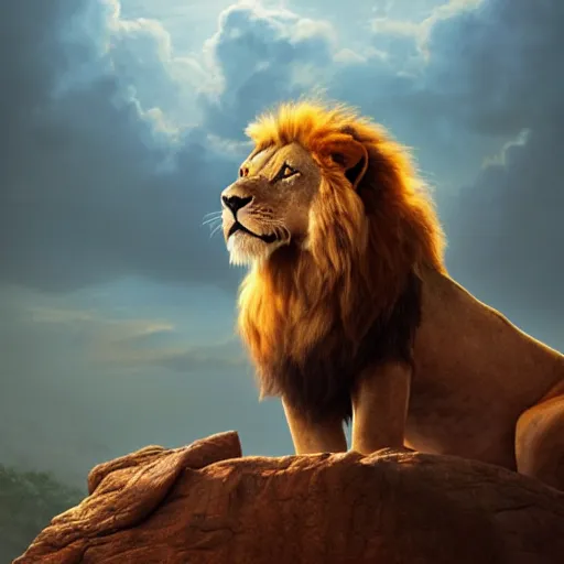 Prompt: Nala the female lion with no mane from the Lion King movie standing on pride rock, summer, bright and beautiful, orange tones, oil painting, Greg Rutkowski, Charlie Bowater, unreal 5, DAZ, hyperrealistic, octane render, RPG portrait, dynamic lighting, fantasy art, beautiful face