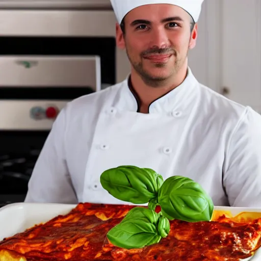 Image similar to platypus wearing a chef hat while cooking a lasagna with three basil leaves over the lasagna