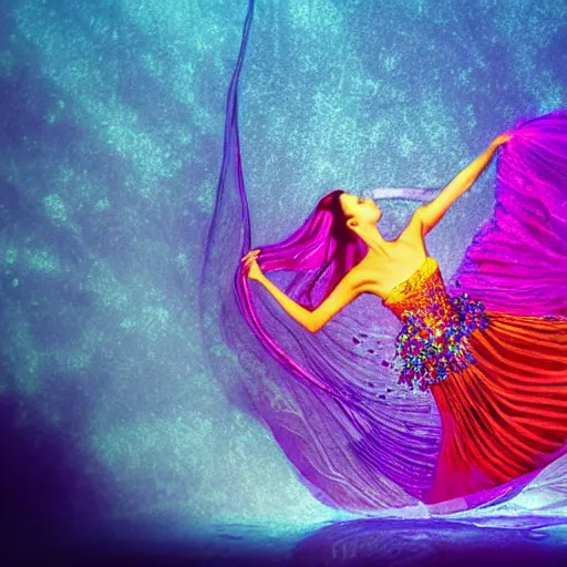 Prompt: woman dancing underwater wearing a flowing dress made of many layers of blue, magenta, and yellow translucent lace, elegant coral sea bottom, swirling silver fish, refracted light, crystals, cycles render, caustics lighting from above, cinematic