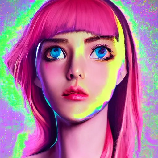 Prompt: of a 3 d girl with pink oil paint and acrylic hair, 2 d eyes and features in a holographic art style