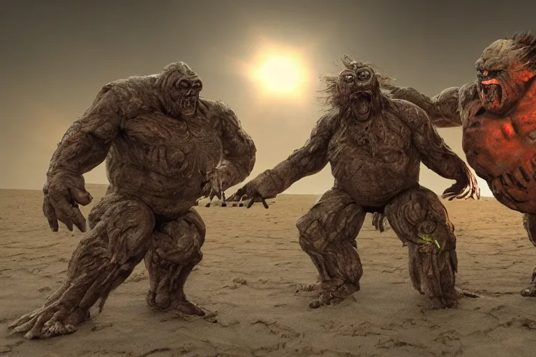 Image similar to photo, two old hairy fat ugly men! fighting alien monsters 4 0 1 2 7 on a beach, highly detailed, scary, intricate details, volumetric lighting, front view