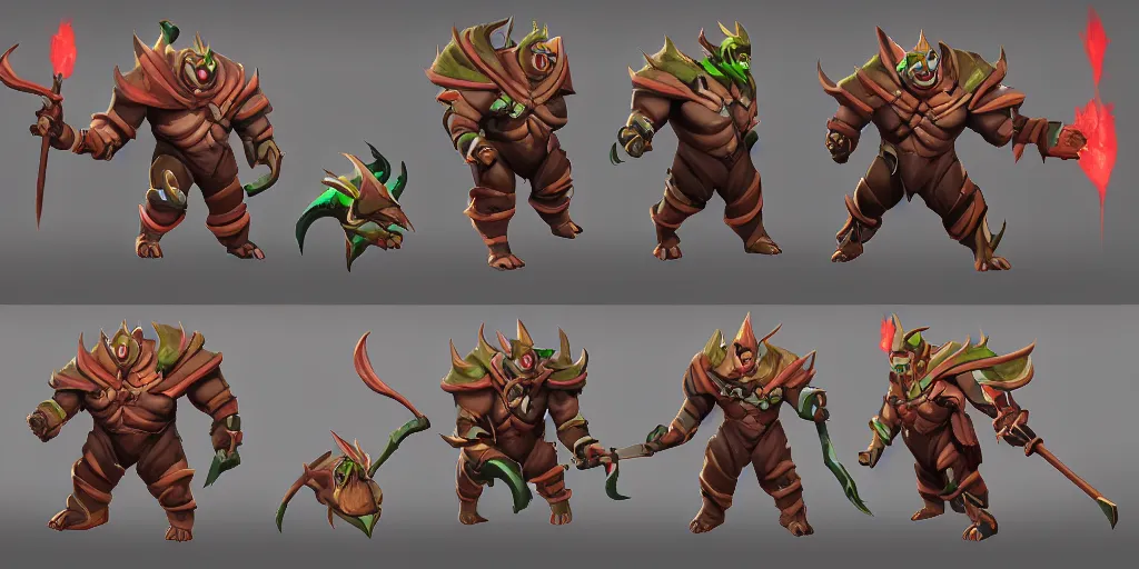 Prompt: three different views of a huskar set for dota 2, concept art by senior character artist, trending on artstation, artstation hd, full body