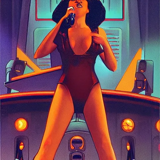 Image similar to a sultry female android singing jazz in a sci-fi club, art deco style, Peter Elson style