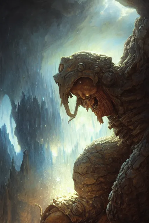 Prompt: a monster from the old world, giant wars, titans with huge destructive power, nausicaa from the valley of the winds, 8 k, highly detailed, digital painting, artstation, radiant light, caustics, war hero, concept art, smooth, sharp focus, by gaston bussiere, bayard wu, giger, maxim verehin