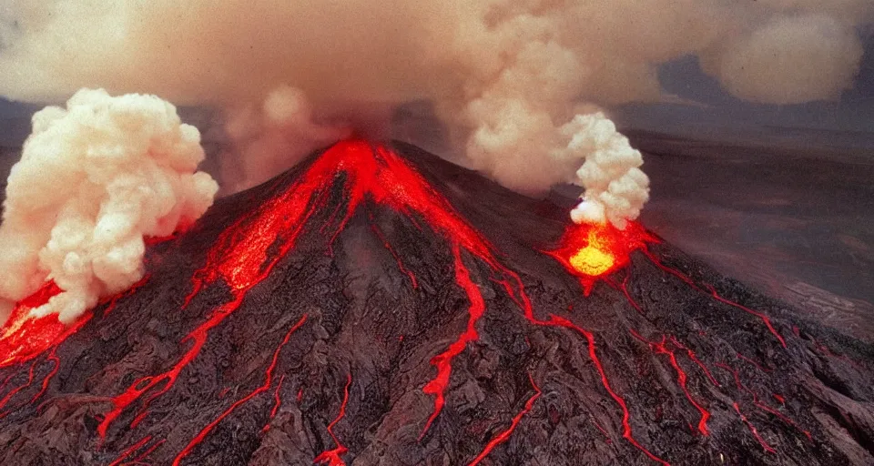 Prompt: a volcano made of ivory vines and crimson rocks enters in eruption, it spits a smoke in the shape of demonic eye, by Raymond Briggs