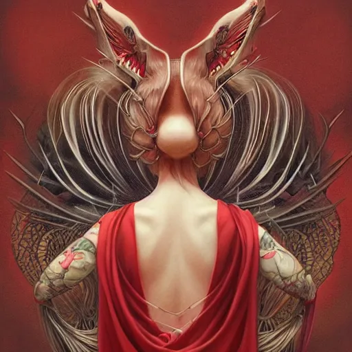 Image similar to ultra realistic illustration, beautifulwoman dressed in red kimono, backview, tattoos, in the style of peter mohrbacher by weta digital and beth cavener, high face symmetry, intricate, masterpiece, award winning, high face symmetry, intricate