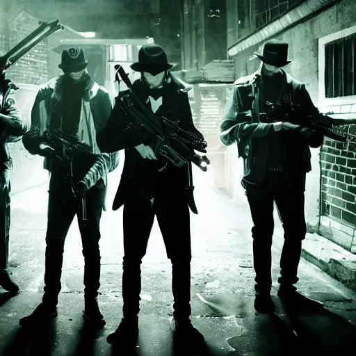 Image similar to 8 mafia members standing in a darkly lit alley way with tommy guns and bags of money on the floor, cinematic, dynamic lighting, cool, raining, photorealistic, stunning, detailed, anime artstyle