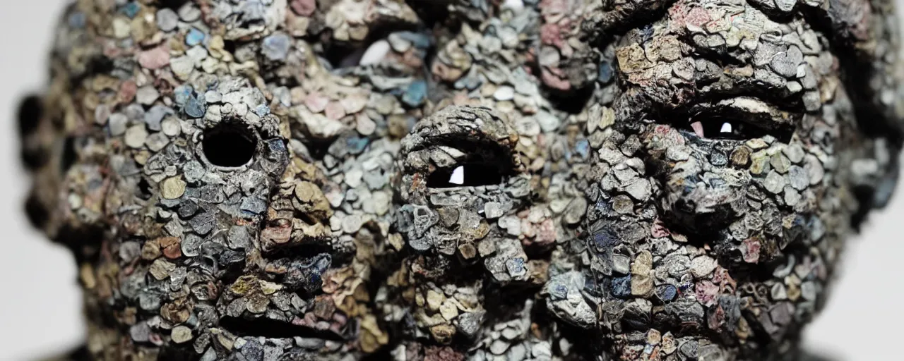 Image similar to a close up of a piece of plastiglomerate made from warhammer figures and korean beauty face masks, photographic, highly detailed