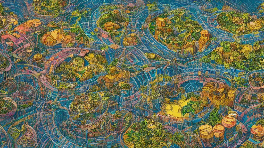 Image similar to a solarpunk landscape, artwork, colorful, insanely detailed and intricate