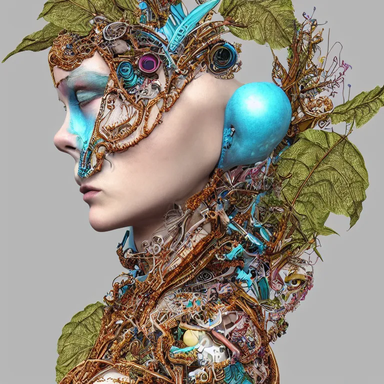 Prompt: cinema 4d colorful render, organic, ultra detailed, of a painted realistic porcelain woman, translucid. biomechanical cyborg, analog, macro lens, beautiful natural soft rim light, big leaves, winged insects and stems, roots, fine foliage lace, turquoise gold details, Alexander Mcqueen high fashion haute couture, art nouveau fashion embroidered, intricate details, mesh wire, mandelbrot fractal, anatomical, facial muscles, cable wires, elegant, hyper realistic, in front of dark flower pattern wallpaper, ultra detailed, 8k post-production