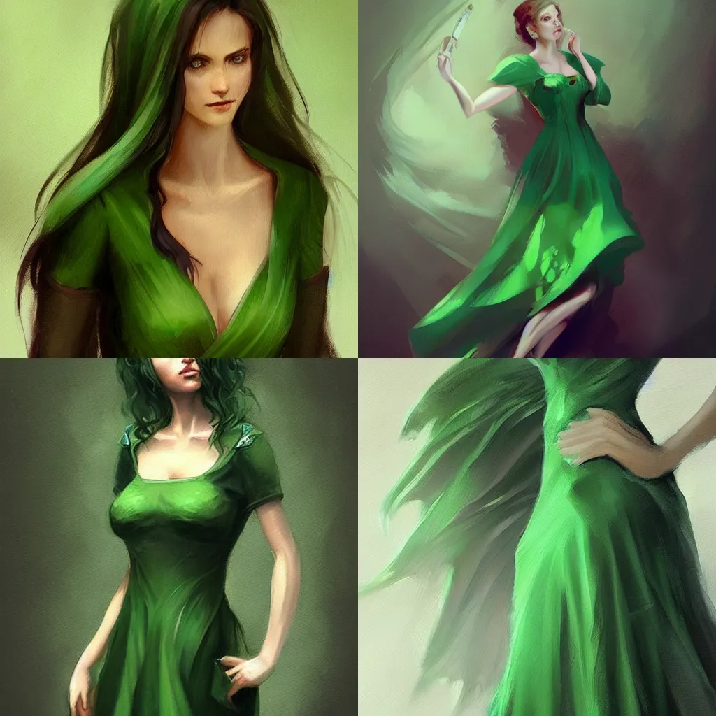 Prompt: a painting of a woman in a green dress, concept art by charlie bowater, trending on artstation, fantasy art, wiccan, detailed painting, concept art