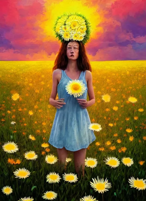 Image similar to portrait of a female face made of giant daisies, standing in a flower field, holding flowers, surreal photography, sunset dramatic light, impressionist painting, colorful clouds, large sky, digital painting, artstation, simon stalenhag