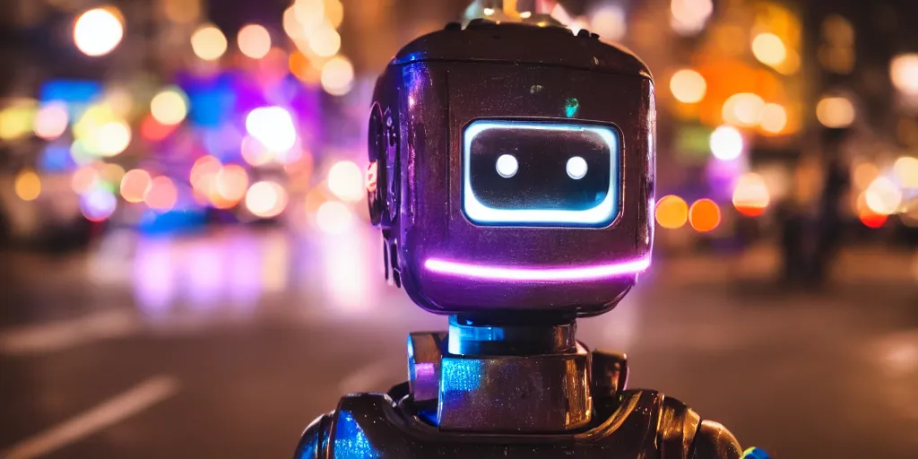 Image similar to close up photo of a robot smiling downtown at night, 50mm shallow depth of field