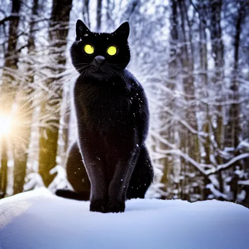 Image similar to Award winning photo of a black cat in a snowy forest at afternoon, lens flare, bokeh, telephoto