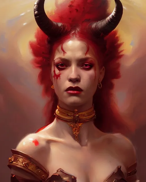 Image similar to painted close - up portrait of a red - skinned intimidating demon girl with ram horns. oil painting, wearing a noblewoman's outfit, fantasy art by greg rutkowski and john singer sargent and gaston bussiere and greg rutkowski, demon noble character design, hd