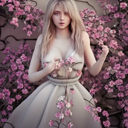 Image similar to beautiful blonde lady in flower dress, hyperrealistic, ultra detailed, octane render, symmetric, 3d, majestic, dark fantasy, intricate