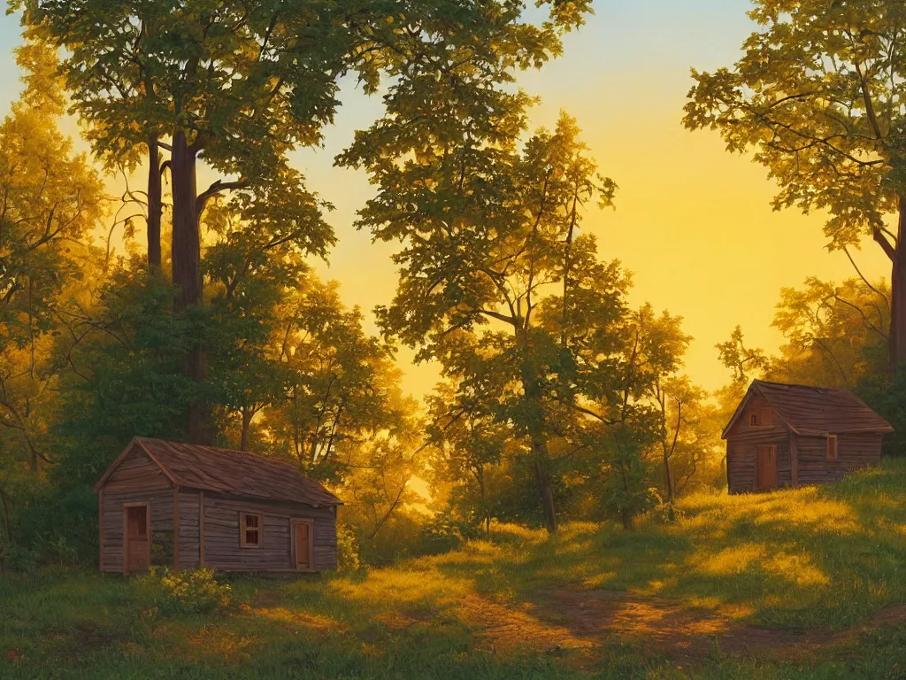 Prompt: an old wooden timber shack on a hill in the woods, golden hour, summer, a few birds flying around, painting by kenton nelson