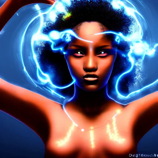Prompt: beautiful young african cyberpunk woman, controlling wisps of steam with her hands, in front of the Strait of Gibraltar, very detailed, realistic, symmetrical face, sexy, art by digital painting,