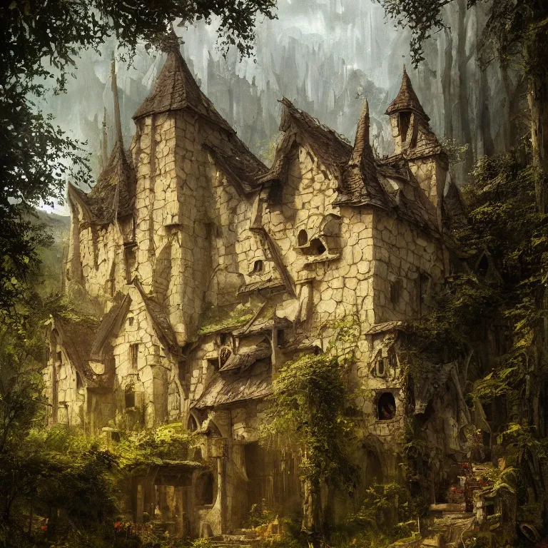 Image similar to a detailed painting of a medieval building in forest. fantasy poster. lord of the rings style. cinematic fantasy scene. fantasy. carl spitzweg. renaissance elements. renaissance element. oil painting. award winning. trending on artstation. 8 k