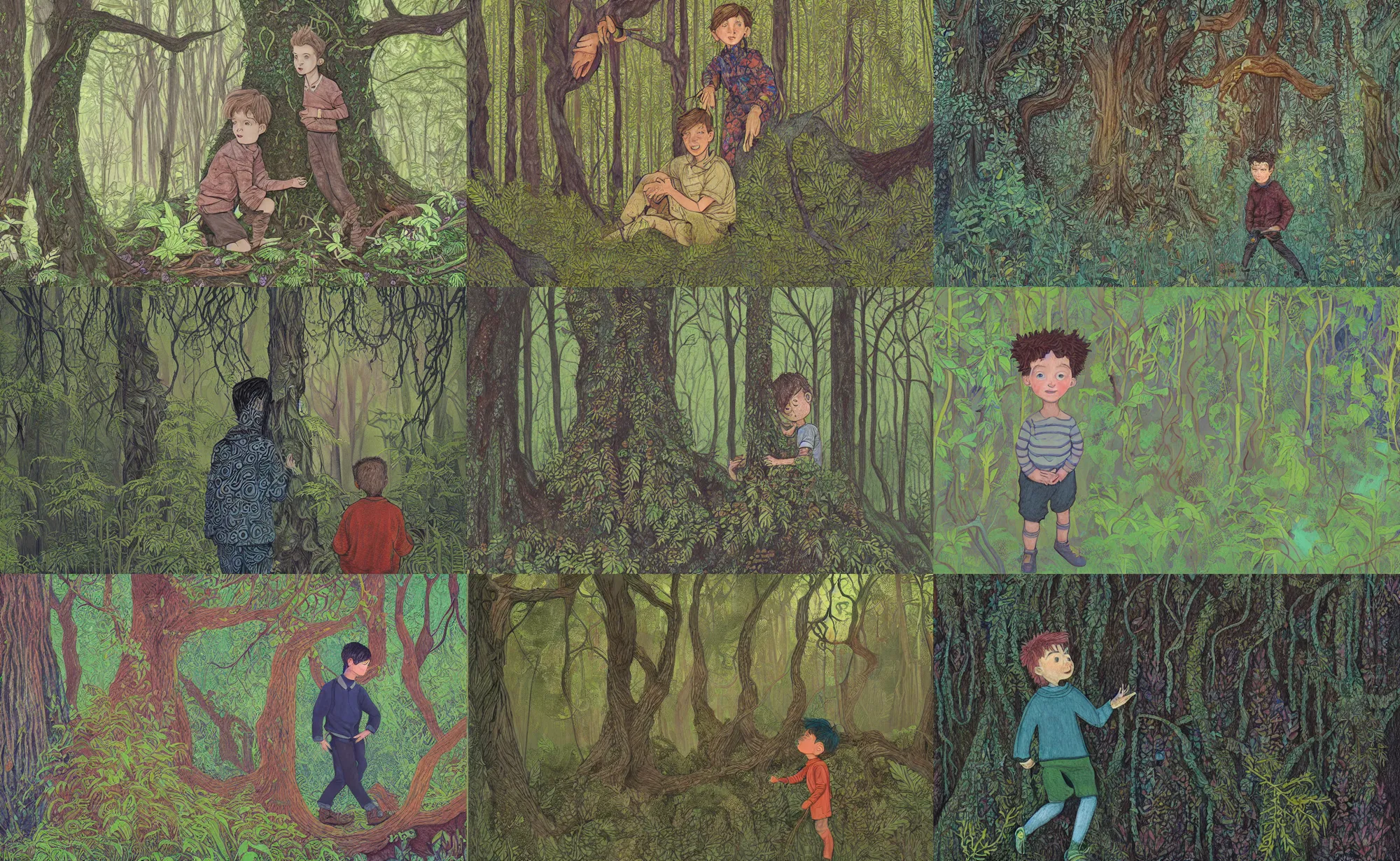Prompt: kids book illustration of boy in forest, by beatrice blue, by julia sarda, by loish, by szymon biernacki. dark guache, pastels. pencils. dark. complex pattern figurative ornamental. leafy mossy patterns intricate. detailed, textured, orthoview