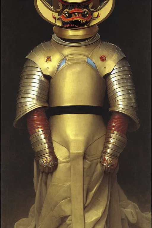 Image similar to portrait of a astronaut is a chinese dragon in armor and helmet, majestic, solemn, luminous accessories, by bouguereau