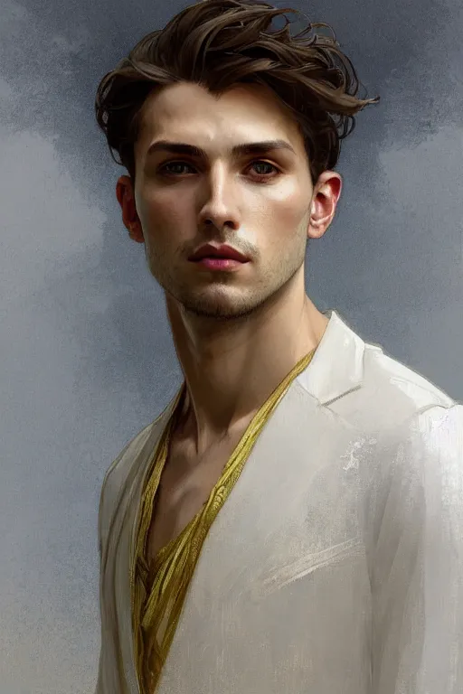 Prompt: portrait of the most beautiful young male ever, modern style, by greg rutkowski and alphonse mucha, d & d character, gradient white to gold, highly detailed portrait, in front of an urban background, digital painting, artstation, concept art, smooth, sharp focus ilustration, artstation hq