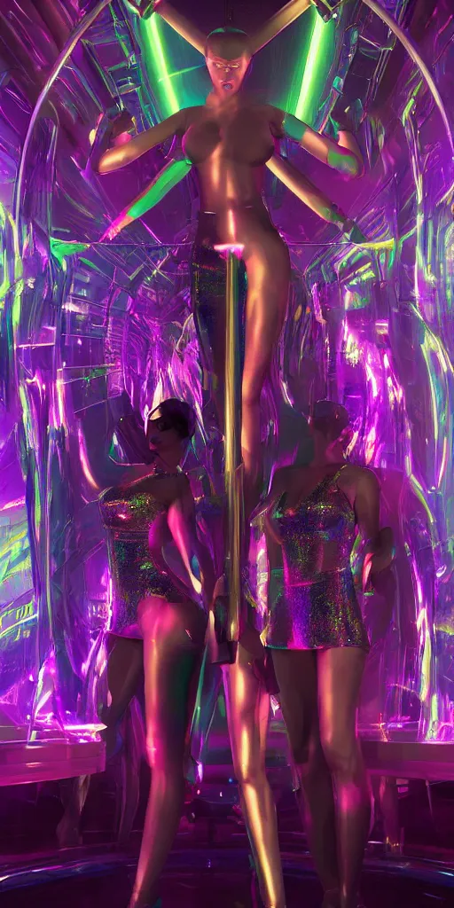 Image similar to full clothed exotic holographic pole dancers in a futuristic night club, artstation, cgsociety, behance hd