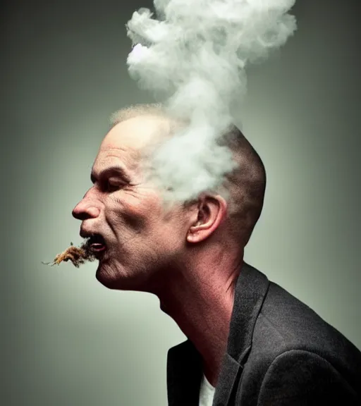 Image similar to annie liebowitz photo of a man who's head is turning into a puff of smoke, award winning photo