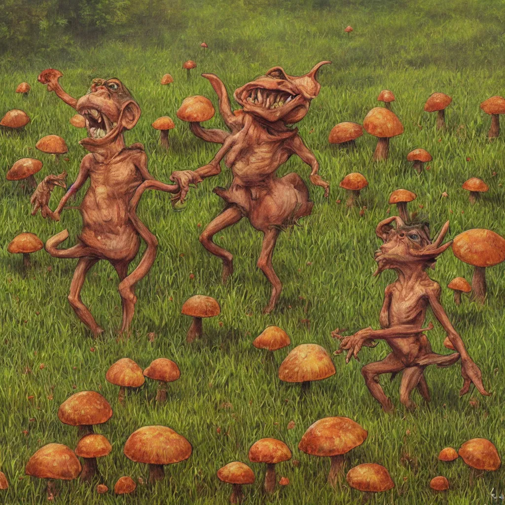 Prompt: a realistic painting of a goblin dancing in a field of mushrooms by Kuang Hong,