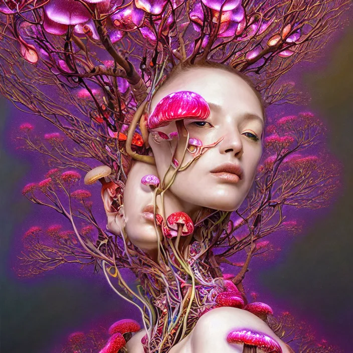 Image similar to extremely psychedelic organic cyborg made of orchid and cherry blossom tree and mushroom, LSD, diffuse lighting, fantasy, intricate, elegant, highly detailed, lifelike, photorealistic, digital painting, artstation, illustration, concept art, smooth, sharp focus, art by John Collier and Albert Aublet and Krenz Cushart and Artem Demura and Alphonse Mucha