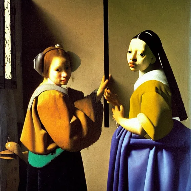 Image similar to a beautiful painting the cow is looking in the mirror, by jan vermeer a young girl with pearl earrings realistic oil painting