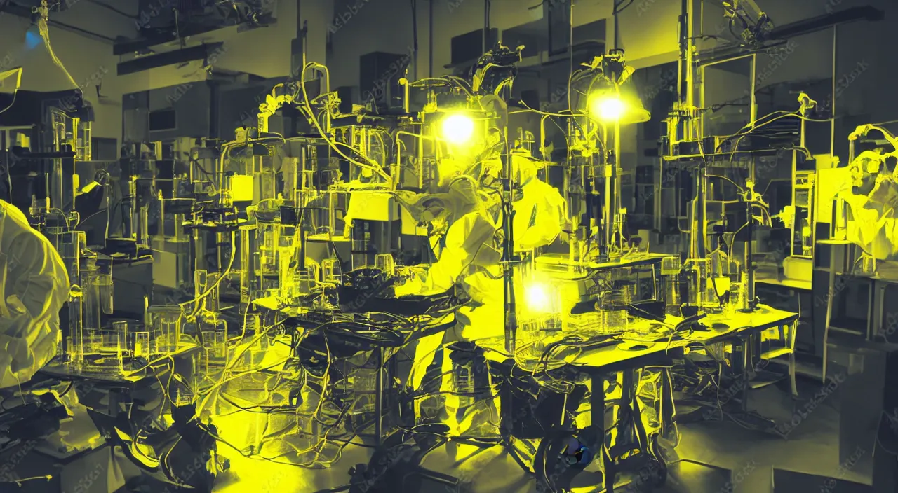 Prompt: hairy monster in laboratory clean room, photolithography, yellow artificial lighting, photorealistic