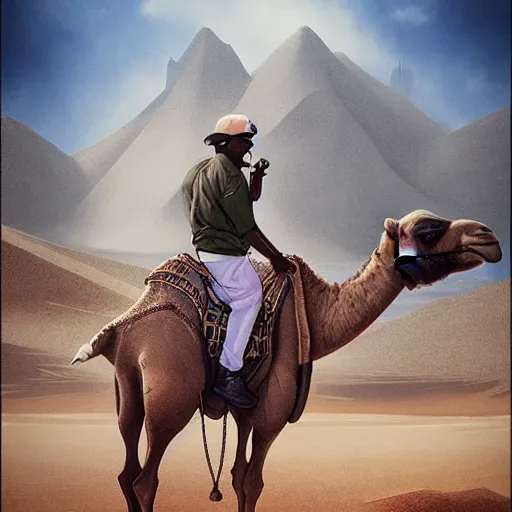 Prompt: portrait of jay - z riding and a camel in brooklyn new york, yankee baseball hat, sand desert fantasy, matte painting, highly detailed, art by artgerm, artstation