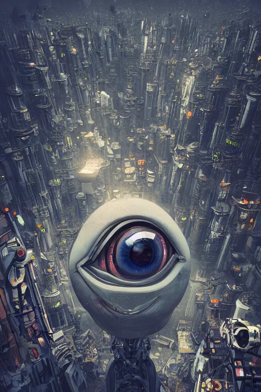 Image similar to biomechanical robot eye looking down at a desolate metropolis, fantasy, volumetric lighting, professional illustration by filip hodas