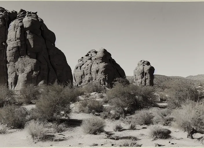 Image similar to Photograph of a chimney rock piercing through lush desert vegetation and boulders with distant mesas in the background, albumen silver print, Smithsonian American Art Museum