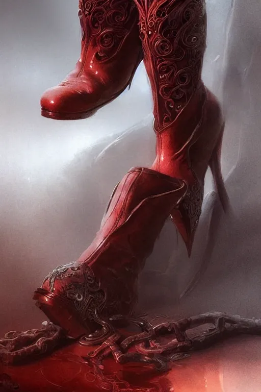 Prompt: red women's boots shoes only, by wlop, by luis royo, by peter mohrbacher, concept art, digital illustration, intricate, masterpiece, elegant, super detailed, unreal engine rendering, smooth, sharp focus, artstation hq