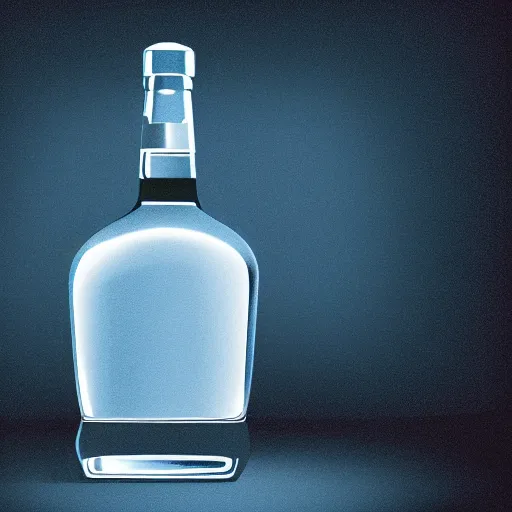 Prompt: A highly detailed digital art of a bottle of blue whiskey on a round table, volumetric lighting, 4k resolution, warm,