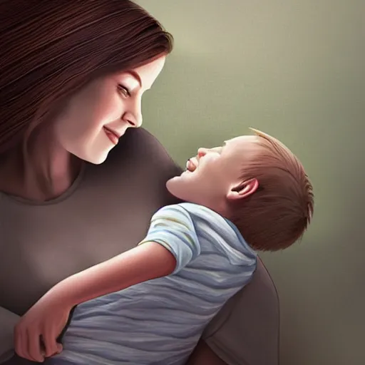 Image similar to illustration beautiful cinematic hyperrealism style where a mother appears with her happy son