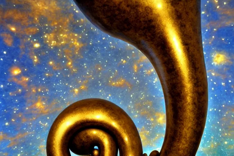 Prompt: intricate filigreed tuba cloud sculpture, art nouveau environment, surreal, milky way, award winning art, epic dreamlike fantasy landscape, ultra realistic,