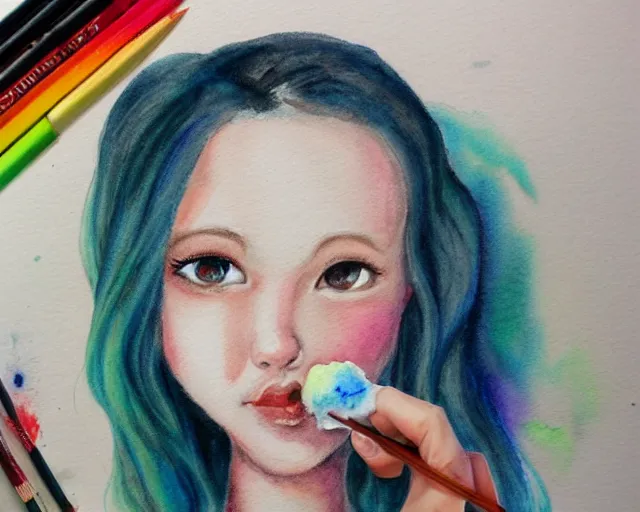 Image similar to a girl with the ice cream watercolor colored pencil painting trending on artstation