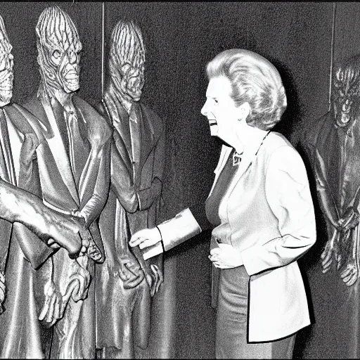 Prompt: Margaret Thatcher shaking hands with Satan in the depths of hell, ultra detailed, ultra intricate, cinematic, 8k,