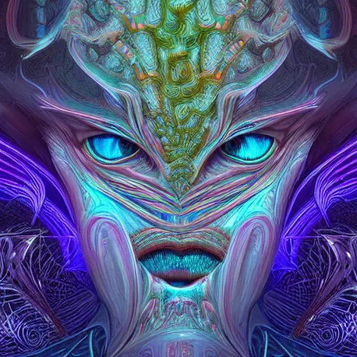 Image similar to Face of a Alien Deity, centered, corals, plume made of geometry, extremly detailed digital painting, sharp focus in the style of android jones, artwork of a futuristic artificial intelligence superstar with frames made of detailed circuits, mystical colors, rim light, beautiful lighting, 8k, stunning scene, raytracing, octane, under water visual distortion, dark tones colors, trending on artstation