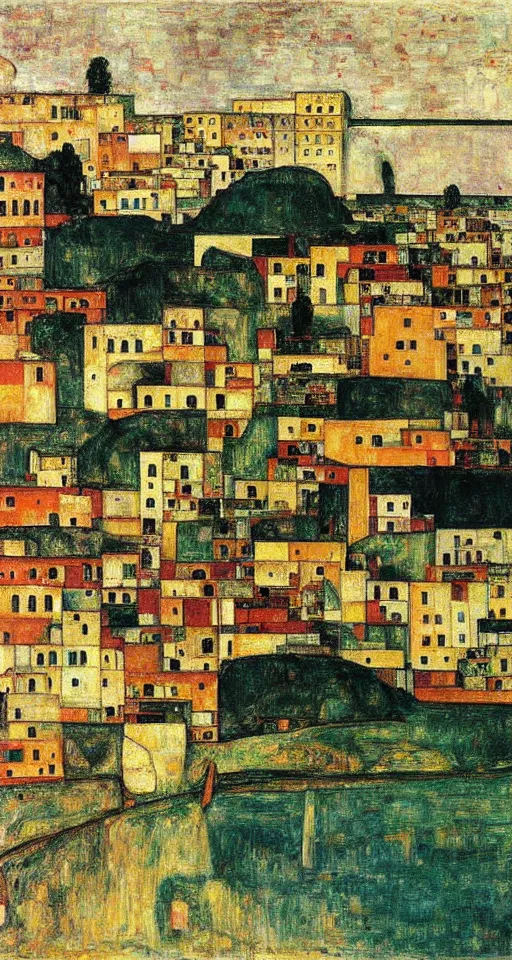 Image similar to small city in south of iran with a bridge on local river and palm trees, painting by egon schiele