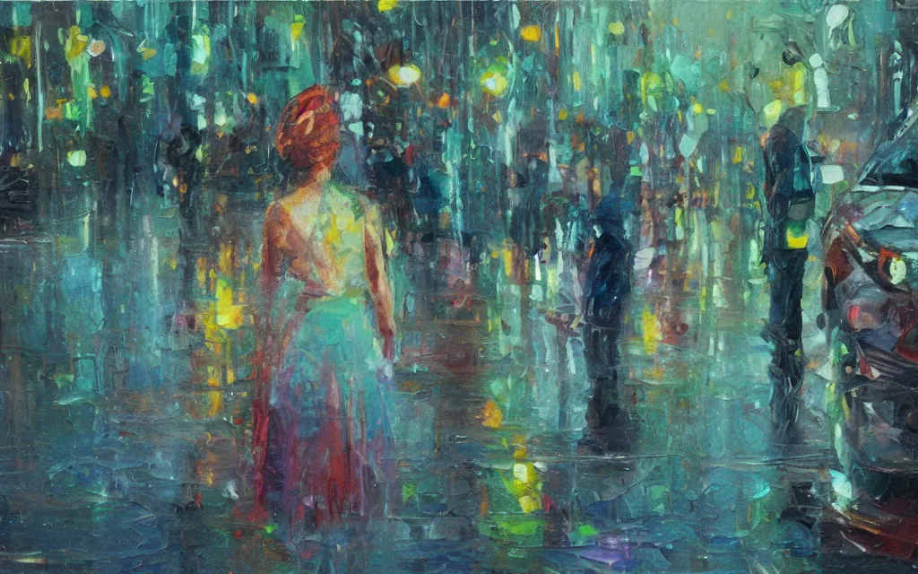 Image similar to movie still from morn to midnight, award winning oil painting, iridescent color palette
