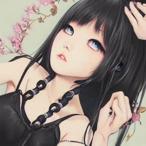 Image similar to realistic beautiful gorgeous natural cute Blackpink Lalisa Manoban black hair fur black cat ears, wearing white camisole summer outfit, headphones, black leather choker, tonemapping artwork drawn full HD 4K highest quality in artstyle by professional artists WLOP, Ayami Kojima, Aztodio, Alphonse Mucha, Taejune Kim, Guweiz on Pixiv Instagram Artstation